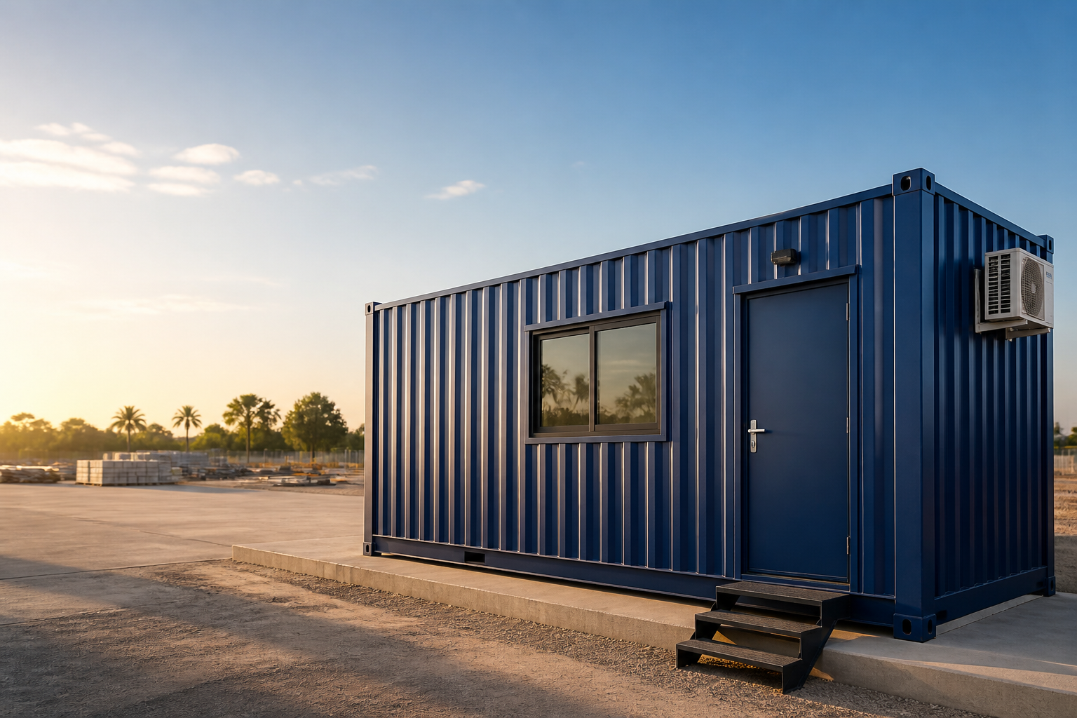 Container escritório azul disponível para locação